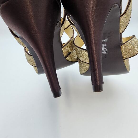 M by Marinelli Sparkle Gold Peep Toe Heels Size 8 Dark Brown Strappy Cocktail - Picture 10 of 10